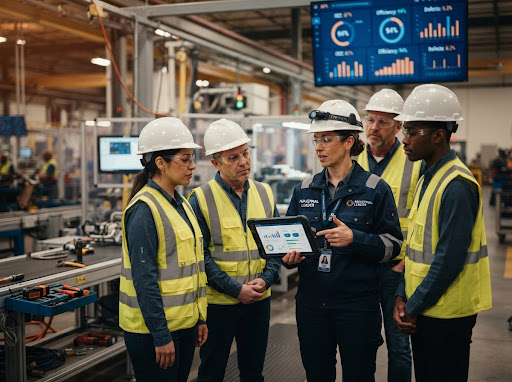 Operations lead reviewing performance data on the plant floor